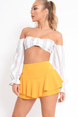 White Grey Stripe Buckle Front Extreme Bardot Crop Top - Theora-Crop Tops