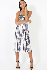 White & Grey Tie Dye Floral Print Culotte Jumpsuit - Fiona-Jumpsuits