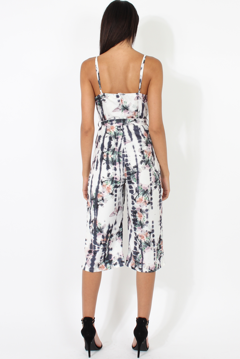 White & Grey Tie Dye Floral Print Culotte Jumpsuit - Fiona-Jumpsuits