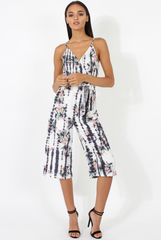 White & Grey Tie Dye Floral Print Culotte Jumpsuit - Fiona-Jumpsuits