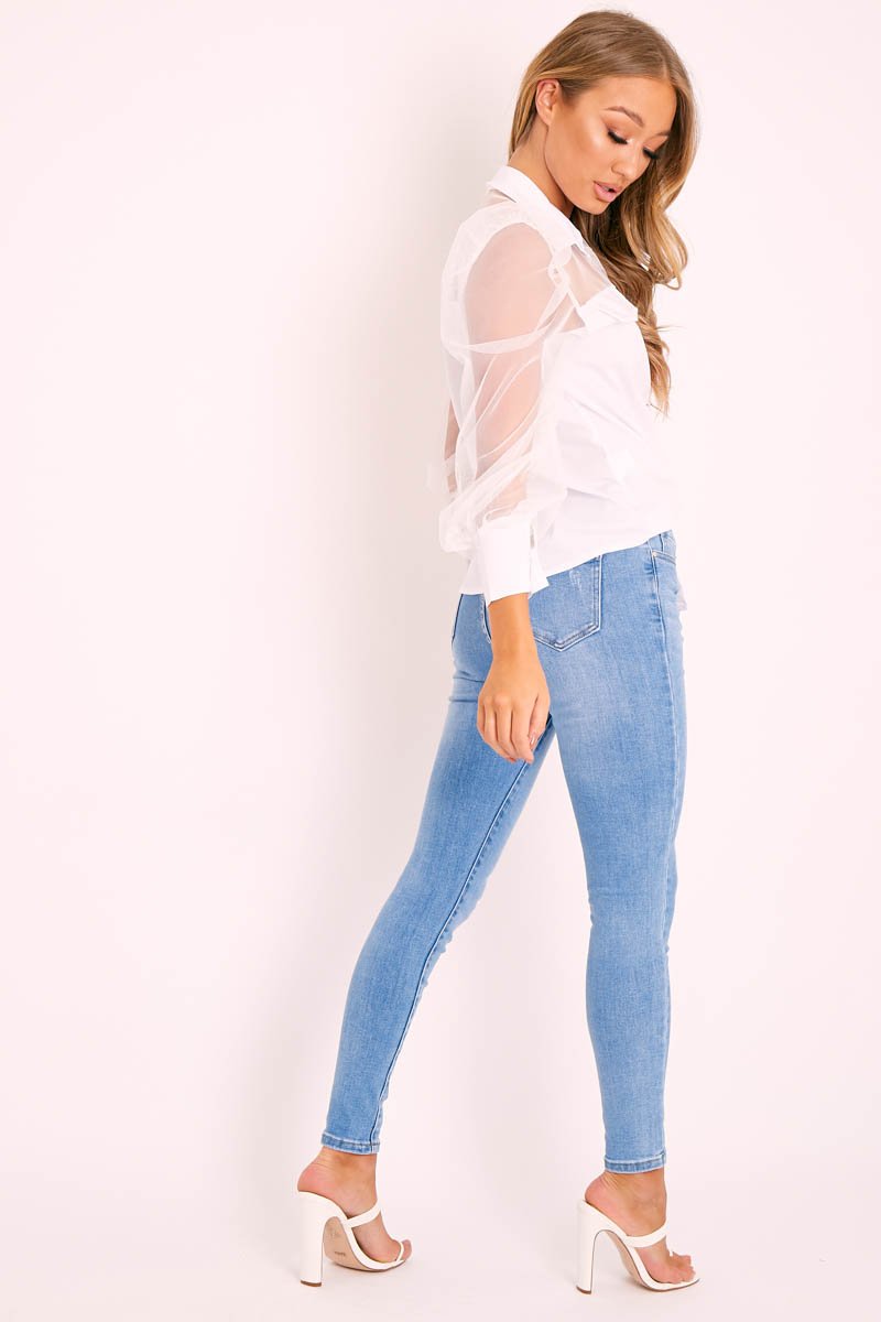 White Half Mesh Puff Sleeve Shirt - Hallie-Shirts