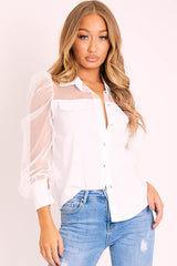 White Half Mesh Puff Sleeve Shirt - Hallie-Shirts