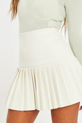 White Half Pleated Faux Leather Mini Skirt - Jeniya-Skirts
