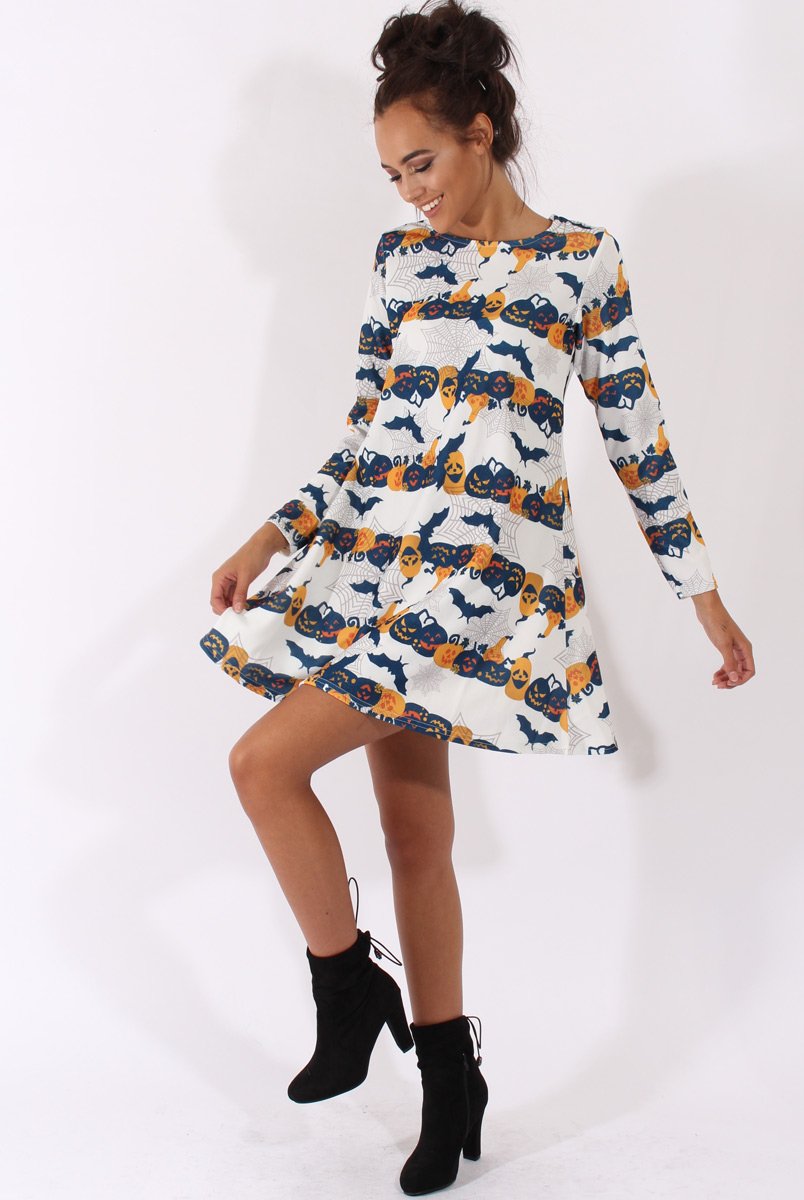 White Halloween Pumpkin & Bats Swing Dress - Sabrina-Dresses