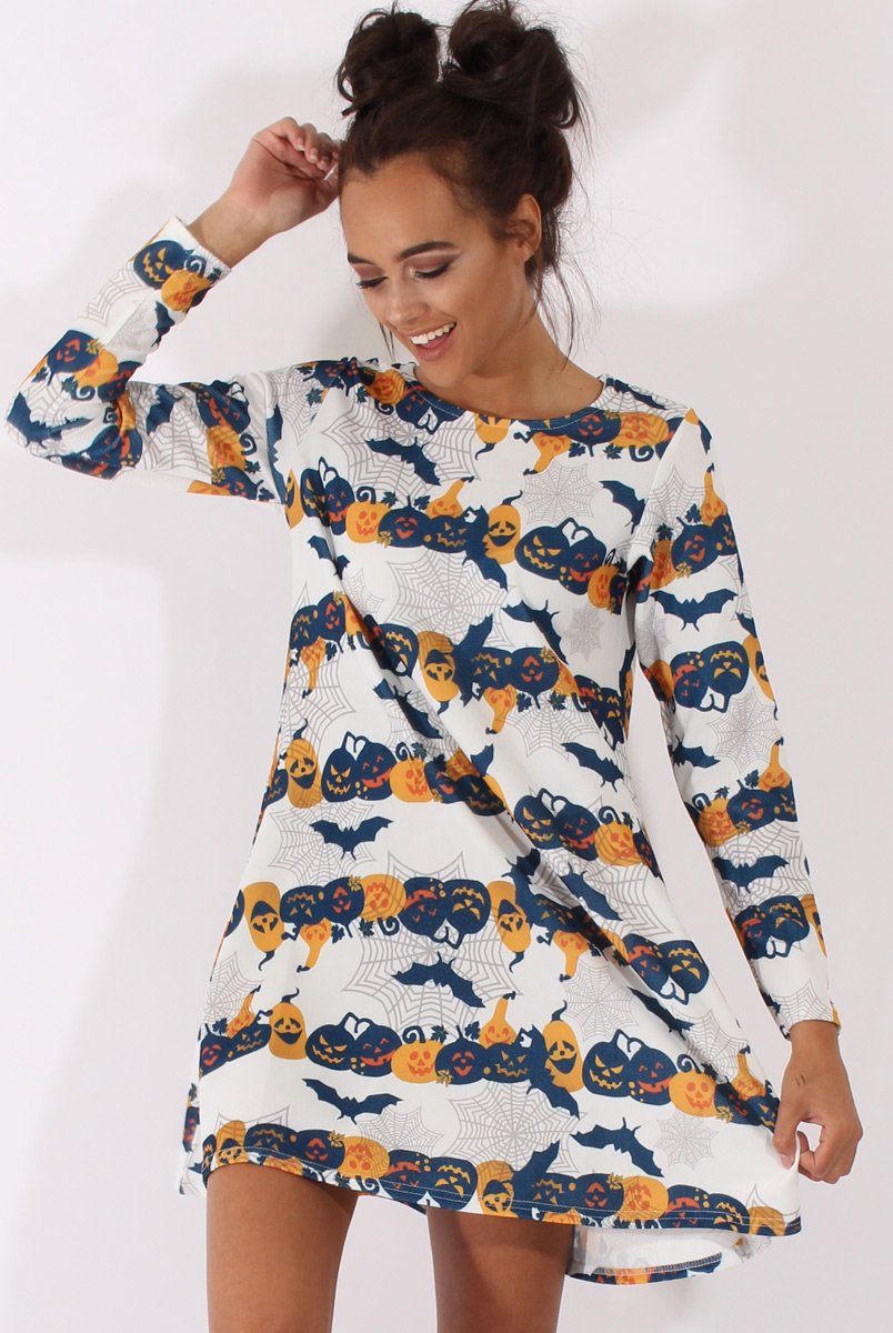 White Halloween Pumpkin & Bats Swing Dress - Sabrina-Dresses