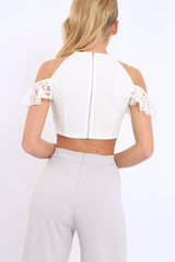 White Halter Neck Frill Cold Shoulder Crop Top - Carlie-Crop Tops