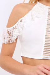 White Halter Neck Frill Cold Shoulder Crop Top - Carlie-Crop Tops