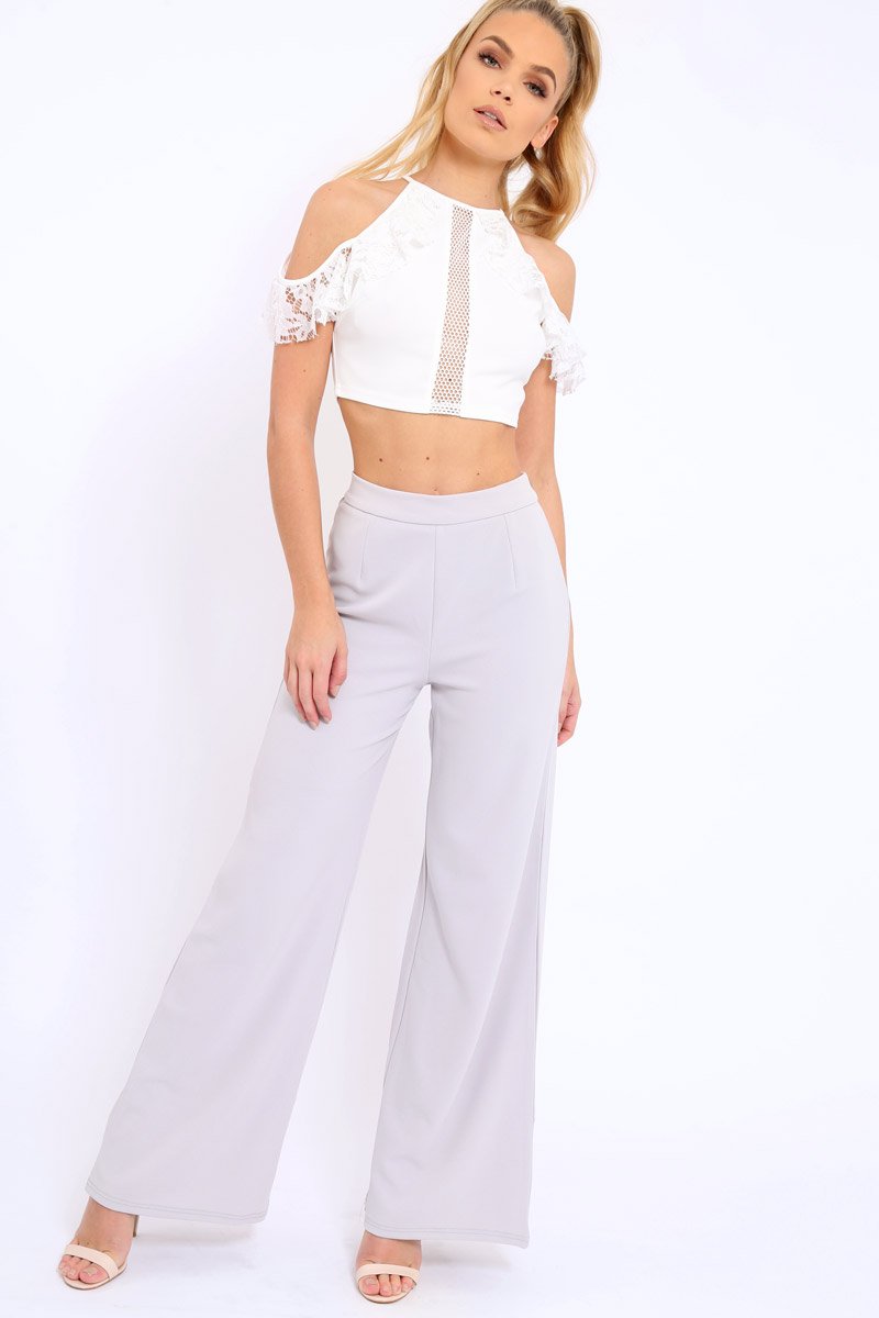 White Halter Neck Frill Cold Shoulder Crop Top - Carlie-Crop Tops