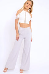 White Halter Neck Frill Cold Shoulder Crop Top - Carlie-Crop Tops