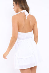 White Halter Neck Frill Mini Dress - Sabrina-Dresses