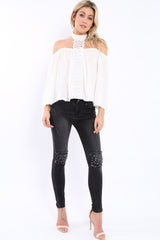 White Halter Neck Lace up Front Top- Triana-Tops