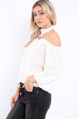 White Halter Neck Lace up Front Top- Triana-Tops