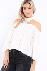 White Halter Neck Lace up Front Top- Triana-Tops