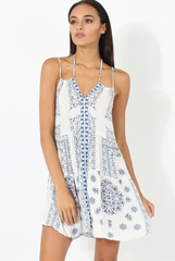 White Halterneck Tassel Imperial Print Dress - Kaylin-Dresses