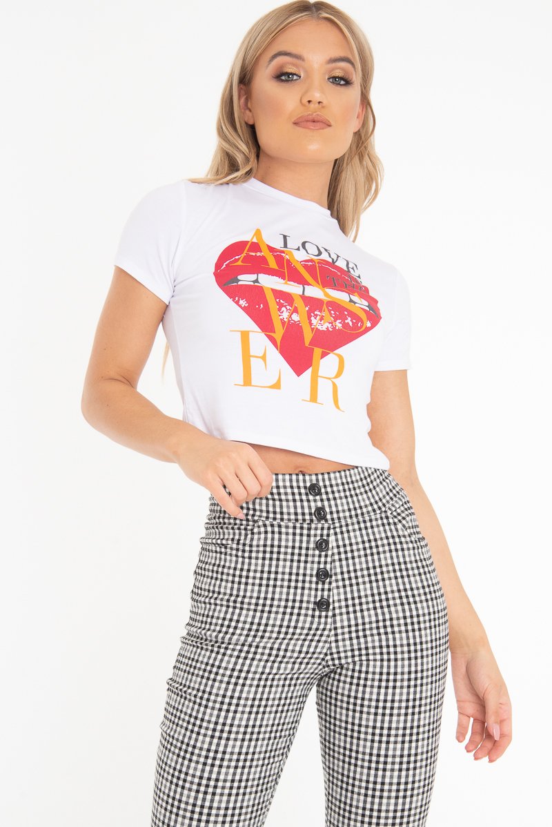 White Heart Lips Slogan Printed Crop T-Shirt - Lacey-T-shirt