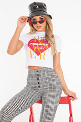 White Heart Lips Slogan Printed Crop T-Shirt - Lacey-T-shirt