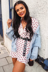 White Heart Print Plunge Ruffle Detail Mini Dress - Nicolle-Dresses