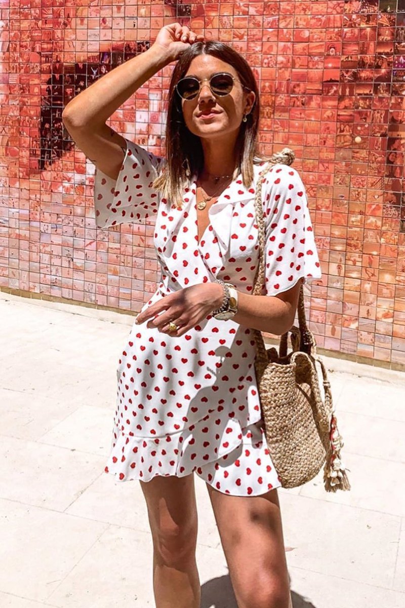 White Heart Print Plunge Ruffle Detail Mini Dress - Nicolle-Dresses