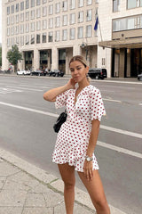 White Heart Print Plunge Ruffle Detail Mini Dress - Nicolle-Dresses