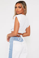 White Hem Tie Shoulder Pad Crop Top - Riya-Crop Tops