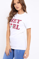 White Hey Girl Slogan T-Shirt - Leah-Tops