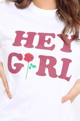 White Hey Girl Slogan T-Shirt - Leah-Tops