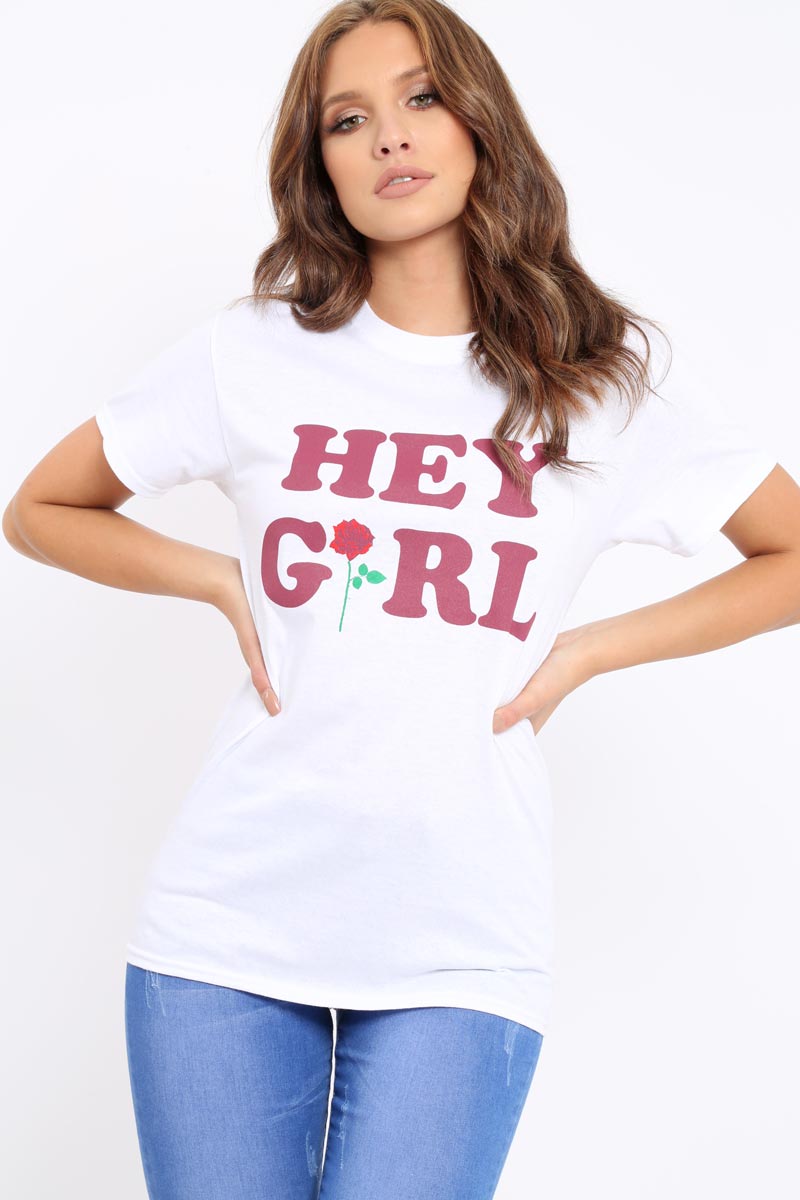 White Hey Girl Slogan T-Shirt - Leah-Tops
