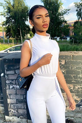 White High Neck Belted Wide Leg Jumpsuit - Phoebie-Jumpsuits