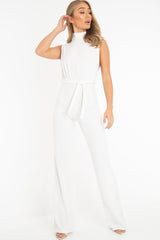 White High Neck Belted Wide Leg Jumpsuit - Phoebie-Jumpsuits