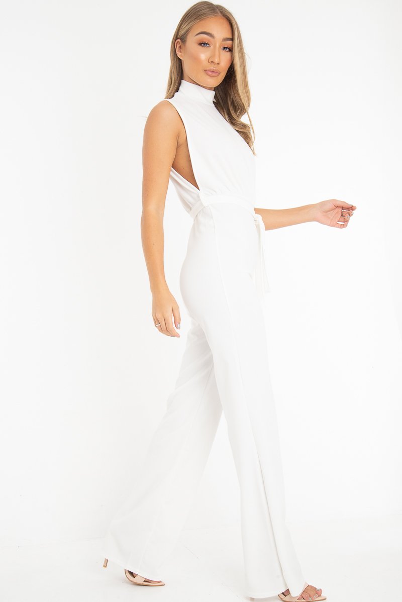 White High Neck Belted Wide Leg Jumpsuit - Phoebie-Jumpsuits