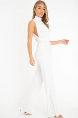 White High Neck Belted Wide Leg Jumpsuit - Phoebie-Jumpsuits