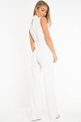 White High Neck Belted Wide Leg Jumpsuit - Phoebie-Jumpsuits