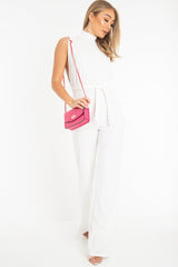 White High Neck Belted Wide Leg Jumpsuit - Phoebie-Jumpsuits