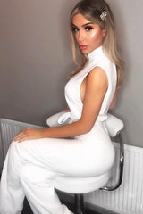 White High Neck Belted Wide Leg Jumpsuit - Phoebie-Jumpsuits