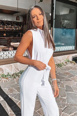 White High Neck Belted Wide Leg Jumpsuit - Phoebie-Jumpsuits