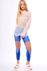 White High Neck Floral Lace Bell Sleeve Top - Elenore-Tops