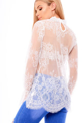 White High Neck Floral Lace Bell Sleeve Top - Elenore-Tops