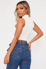 White High Neck Lace Up Detail Sleeveless Crop Top - Jeniya-Crop Tops
