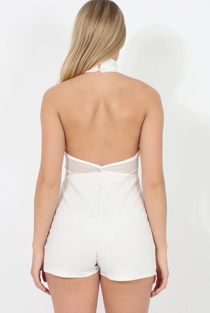 White High Neck Mesh Detail Playsuit - Kacey-Playsuits