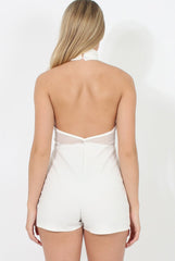 White High Neck Mesh Detail Playsuit - Kacey-Playsuits
