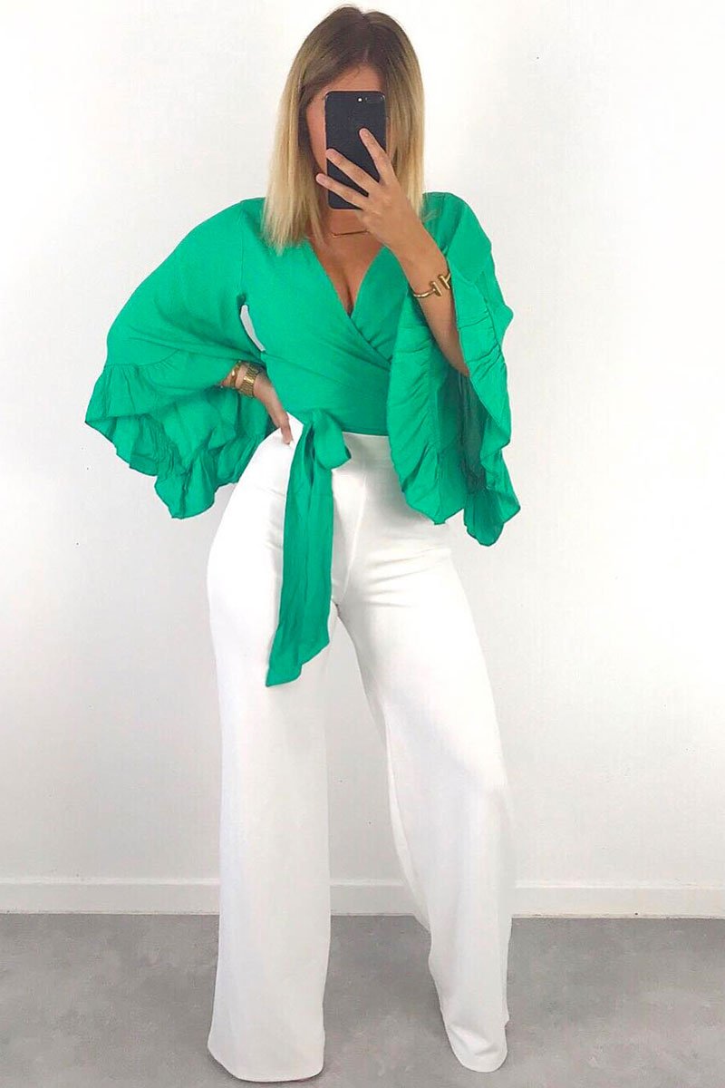 White High Waist Flare Trousers -Tisha-Trousers