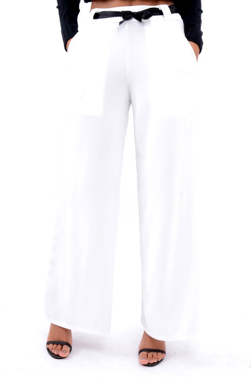 White High Waist Flare Trousers with Black Sash Belt - Lila-Trousers