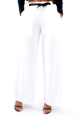 White High Waist Flare Trousers with Black Sash Belt - Lila-Trousers