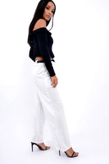 White High Waist Flare Trousers with Black Sash Belt - Lila-Trousers