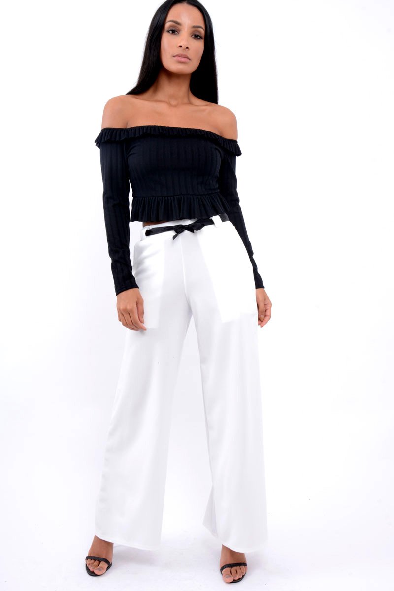 White High Waist Flare Trousers with Black Sash Belt - Lila-Trousers
