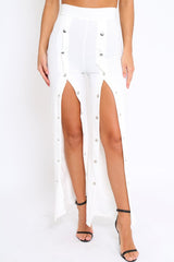White High Waist Flare Trousers with Popper detail -Tamy-Trousers