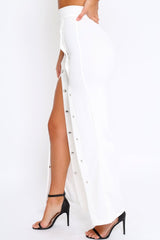 White High Waist Flare Trousers with Popper detail -Tamy-Trousers