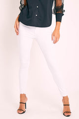 White High Waist Raw Hem Skinny Jeans - Calissa-Jeans