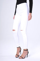 White High Waisted Ripped Knee Jeans - Camisha-Jeans
