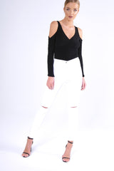 White High Waisted Ripped Knee Jeans - Camisha-Jeans
